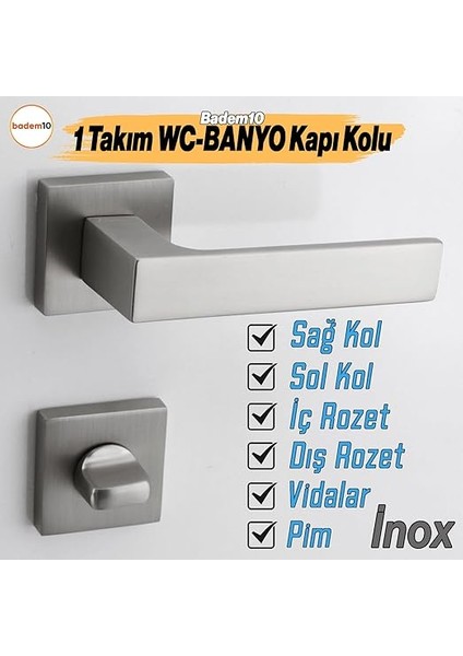 Inox Wc-Banyo Kapı Kolu Kare Rozetli Sağa Sola Uygun Iç Dış Kapısı Kilitlenebilir 1 Takım fiyatları