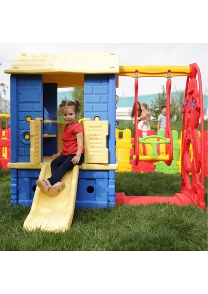 İki Kapılı Oyun Evi Çocuk Kaydırak Salıncak Set – Çocuk Aktivite Evcilik Parkı