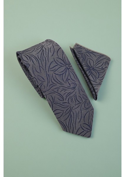 Çiçekli Gri Kravat & Mendil