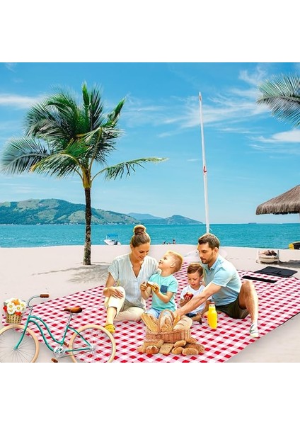 Battaniyesi, Piknik Örtüsü, Isı Izoleli Su Geçirmez Piknik Örtüsü, Taşıma Saplı Plaj Örtüsü 150-200 cm (Beyaz-Kırmızı Kare)