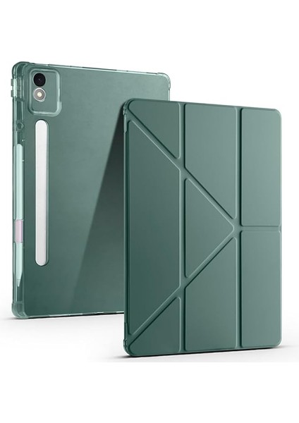 Lenovo Idea Tab Pro 12.7 (TB-373FU/ TB-375FC) ile Uyumlu Kılıf Tri Folding Silikon Kalem Bölmeli Katlanabilir Standlı Pu Deri Yumuşak Kapak, [akıllı Kapak, Uyku Modlu], Koyu Yeşil