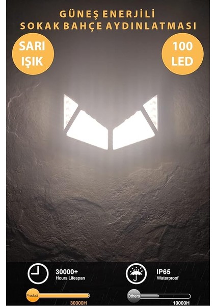 100 Ledli Sarı Işık Güneş Enerjili Hareket Sensörlü Solar Bahçe Lambası Şarj Olabilen