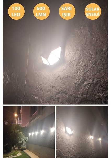 100 Ledli Sarı Işık Güneş Enerjili Hareket Sensörlü Solar Bahçe Lambası Şarj Olabilen modelleri