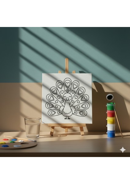 Çocuklar Için Sevimli Hayvan Figürlü Tuval Boyama Seti | Kalpli Kuyruklu Tavus Kuşu Boyama Seti