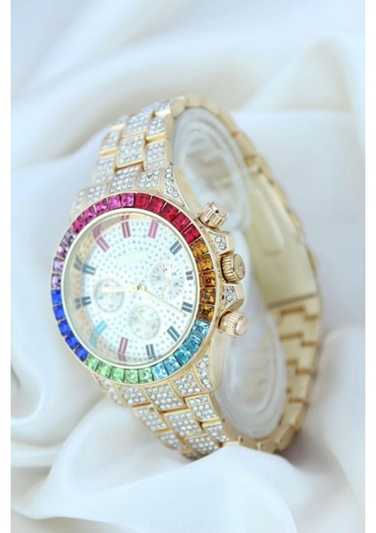 Clariss Trend Gold Metal Kordonlu Zirkon Taş Kaplama Renkli Taşlı Kasa Tasarımlı Lüx Kadın Ko modelleri