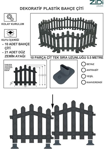 Plastik Alan Oluşturma ve Bahçe Çiti 10 Adet Çit (Y: 50 Cm/g: 5.5 M) Sert Zemin Ayaklı (Antrasit Gri) indirimleri