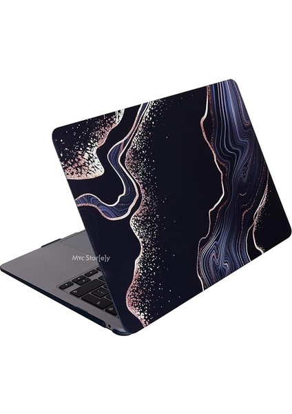 Macbook Air M1 Kılıf 13 Inç Uyumlu Sert Kapak Koruyucu Darbe ve Çizilme Önleyici Uv Lazer Basklı Mermer Desenli Kapak Touchıd M1 Air A2337 A2179 A1932 Siyah