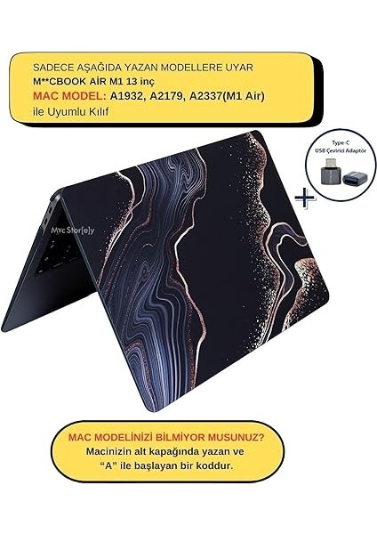Macbook Air M1 Kılıf 13 Inç Uyumlu Sert Kapak Koruyucu Darbe ve Çizilme Önleyici Uv Lazer Basklı Mermer Desenli Kapak Touchıd M1 Air A2337 A2179 A1932 Siyah fiyatları