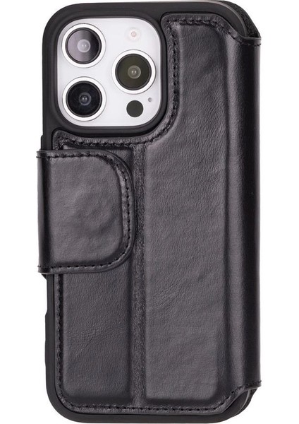 Apple iPhone 16 Pro Uyumlu, Hakiki Deri, El Yapımı, Cüzdanlı Kılıf, Parlak Siyah modelleri