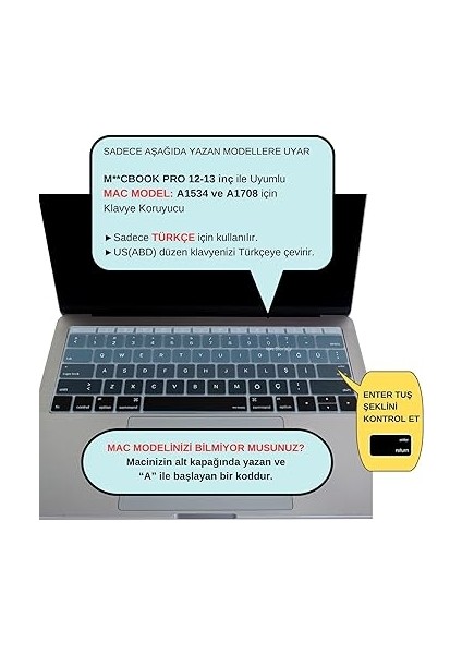 MacBook Klavye Koruyucu Us Ingilizce Amerikan-Return-Enter-Için Türkçe Çeviri Baskı Pro 13INÇ A1708, MacBook A1534 12INÇ Uyumlu, Ultra Ince Hafif Yıkanabilir Klavye Filmi Siyah Gri fiyatları