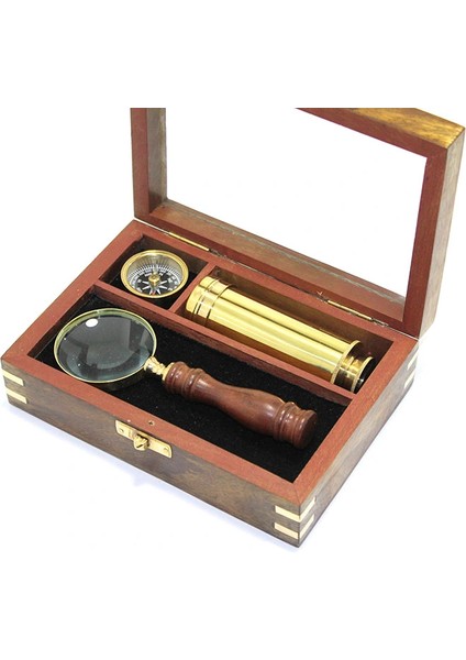 Buğz Ahşap Kutulu Pirinç Pusula Dürbün ve Büyüteç Seti
