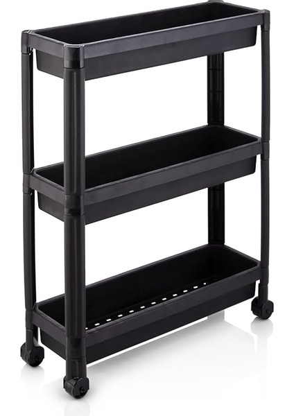 Plastik 3 Katlı Tekerlekli Organizer Diktördgen Raf Ünitesi Siyah