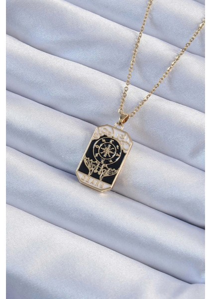 316L Çelik Zincir Altın Renk Işlemeli Siyah Mineli Tarot Kolye