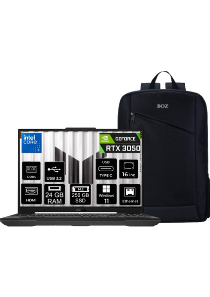 tuf Gaming F16 FX607VJ-RL016 Intel Core 5 210H 24GB 256GB SSD RTX3050 Windows 11 Pro 16" Taşınabilir Bilgisayar + Boz Çanta Hediye