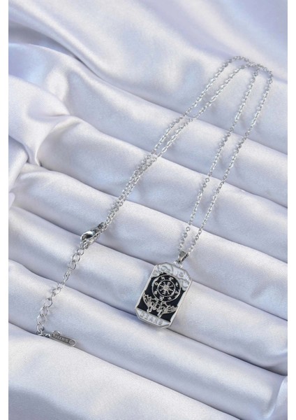 316L Çelik Zincir Gümüş Renk Işlemeli Siyah Mineli Tarot Kolye fiyatları