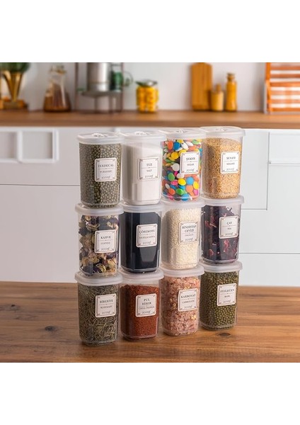 1060 12'li Döner Kapaklı Etiketli Baharatlık Seti - Şeffaf Kilitlenebilir Kapaklı 350 cc