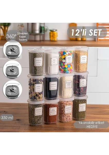 1060 12'li Döner Kapaklı Etiketli Baharatlık Seti - Şeffaf Kilitlenebilir Kapaklı 350 cc fiyatları