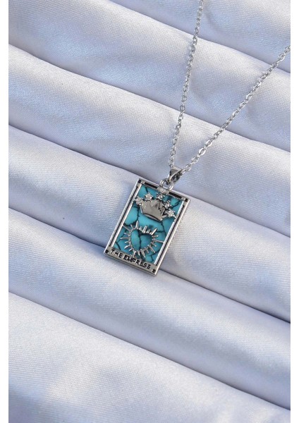 316L Çelik Zincir Gümüş Renk Zirkon Taşlı Mi Mermer Desenli Taç Model Tarot Kolye