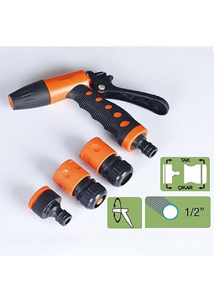 Çok Fonksiyonlu Bahçe Hortum Başlığı Seti, Ayarlanabilir Sulama Tabancası, 3 Adet Bağlantı Aparatı, Siyah-Turuncu modelleri