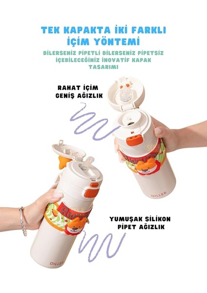 Diller 480ML Sevimli Hayvanlar Süslü Pipetli/pipetsiz El Askılı Paslanmaz Çelik Termos (Puppy Party) fiyatları