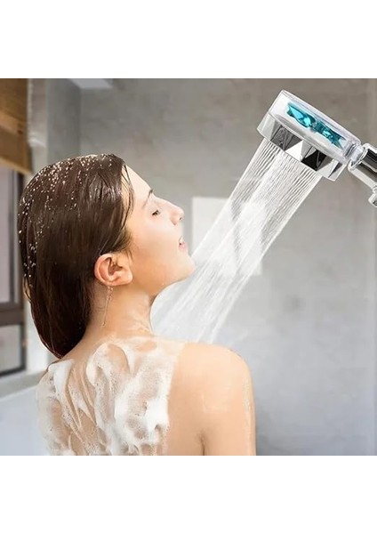 Silver Sapphire Turbo Pervaneli Duş Başlığı Yüksek Basınçlı Fıskiye Batarya Start/stop Düğmeli Duş Hortumu 150 cm ve Mafsal Set Duş Başlığı Seti fırsatları