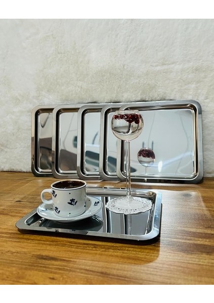 Paslanmaz Çelik 21X21 Kare Çay, Kahve, Pasta Servis Tepsisi Sunum Tepsisi Dekoratif Sunum Tepsisi