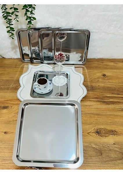 Paslanmaz Çelik 21X21 Kare Çay, Kahve, Pasta Servis Tepsisi Sunum Tepsisi Dekoratif Sunum Tepsisi modelleri