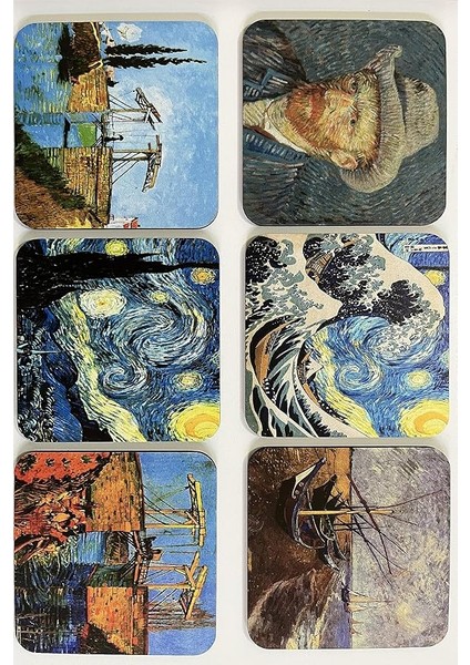 Van Gogh Temalı Ahşap Bardak Altlığı Ahşap Baskılı Altlık 6'lı Set (9 X9CM) KARBONNM14 fırsatları