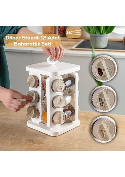 1082 Kare Prizma Döner Standlı Döner Kapaklı 12'li Cam Baharatlık-Düzenleyici Organizer-Beyaz Cappuccino fiyatları