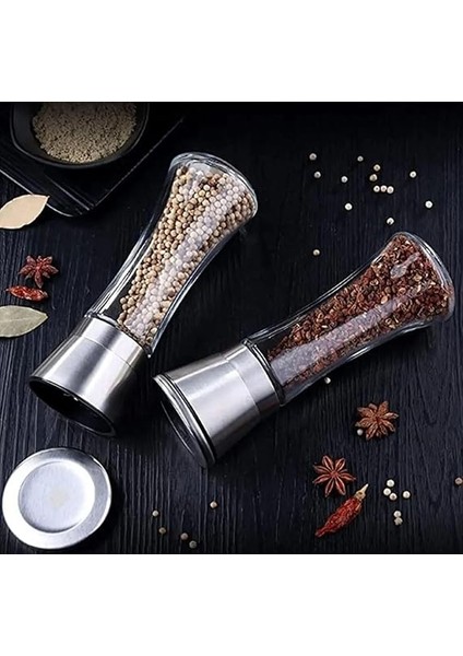Paslanmaz Çelik Kapaklı Cam Gövdeli Baharat Değirmeni Seti 2'li 19 cm modelleri