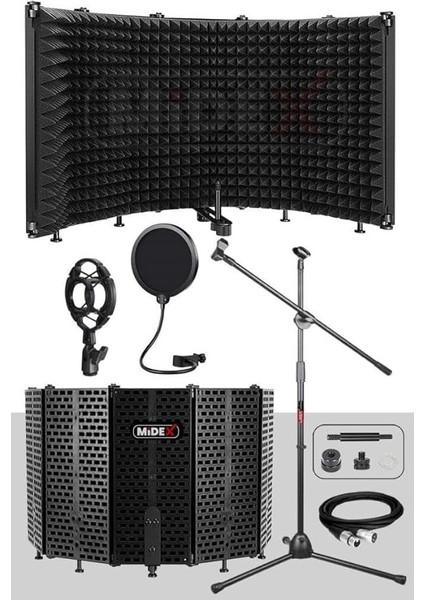 PF-43X Set Mikrofon Ses Yalıtım Paneli (69X26CM) Stand Filtre Shock Mount Xlr Kablo Sünger