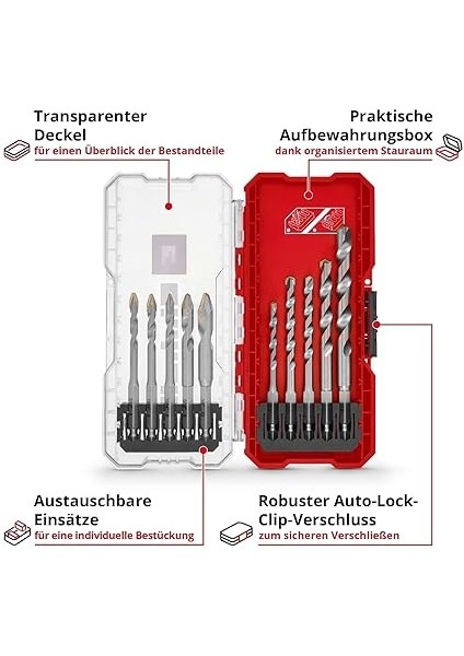 Einhell S-Case 10-Parça Seramik Matkap Ucu Seti (Özel Taşlanmış Karbür Plaka, Merkez Nokta, Çift Helezon, E 6.3 Şaft, Saklama Kutusu Dahil) - 49051410 modelleri