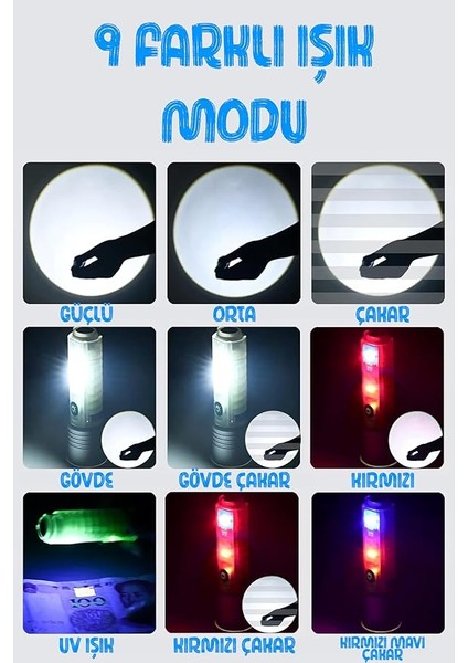 Çakarlı Ledli Şarjlı 9 Uv Işıklı Sos Acil Durum Anahtarlık Mini El Feneri 130 Lümen 3W 47740 fiyatları