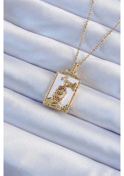 316L Çelik Zincir Altın Renk Beyaz Mineli Tarot Kolye