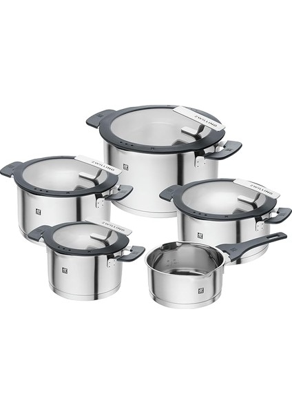 Basitleştirilmiş Paslanmaz Çelik Tencere Seti, 5 Parça, Kapakta Entegre Elekli, Indüksiyon Için Uygun, Gümüş-Siyah