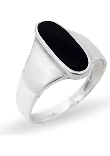 Ince Oval Siyah Mineli Gümüş Erkek Yüzük