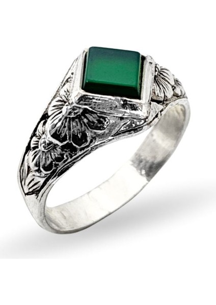 Çiçek Desenli Yeşil Akik Taşlı Gümüş Erkek Yüzük