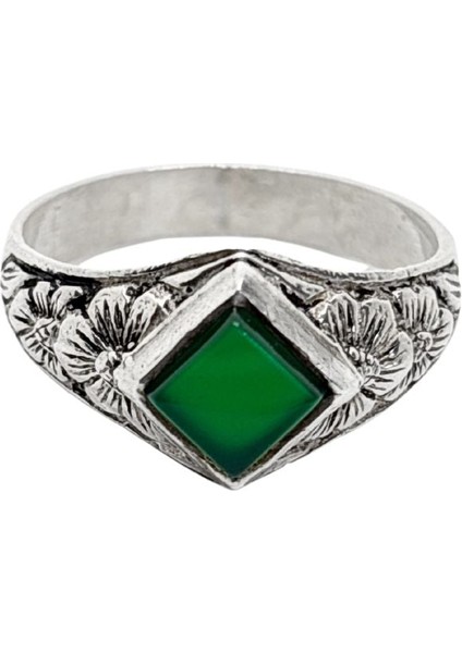 Çiçek Desenli Yeşil Akik Taşlı Gümüş Erkek Yüzük fiyatları