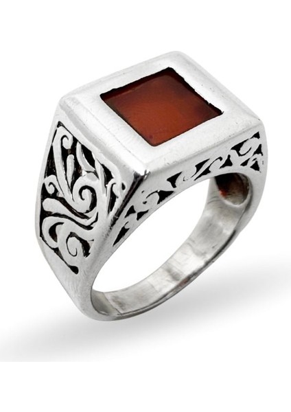 Kare Akik Taşlı Retro Gümüş Erkek Yüzük