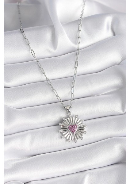 316L Çelik Gümüş Renk Pembe Zirkon Taşlı Kalp Işleme Madalyon Model Kadın Kolye fiyatları