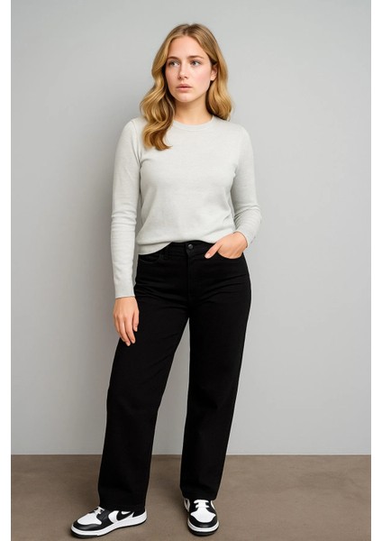 Yüksek Bel Kadın Palazzo Kot Pantolon – Siyah Esnek Denim Kumaş, Düz Bol Paça, Rahat Kalıp Modern Jean