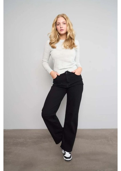 Yüksek Bel Kadın Palazzo Kot Pantolon – Siyah Esnek Denim Kumaş, Düz Bol Paça, Rahat Kalıp Modern Jean fiyatları