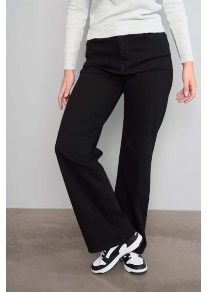 Yüksek Bel Kadın Palazzo Kot Pantolon – Siyah Esnek Denim Kumaş, Düz Bol Paça, Rahat Kalıp Modern Jean modelleri