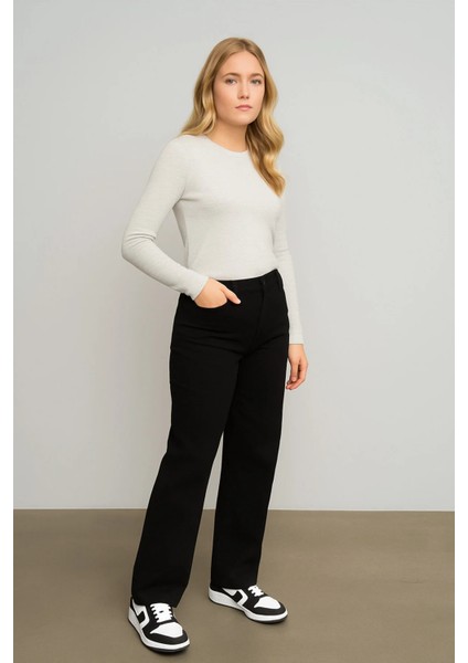 Yüksek Bel Kadın Palazzo Kot Pantolon – Siyah Esnek Denim Kumaş, Düz Bol Paça, Rahat Kalıp Modern Jean fırsatları