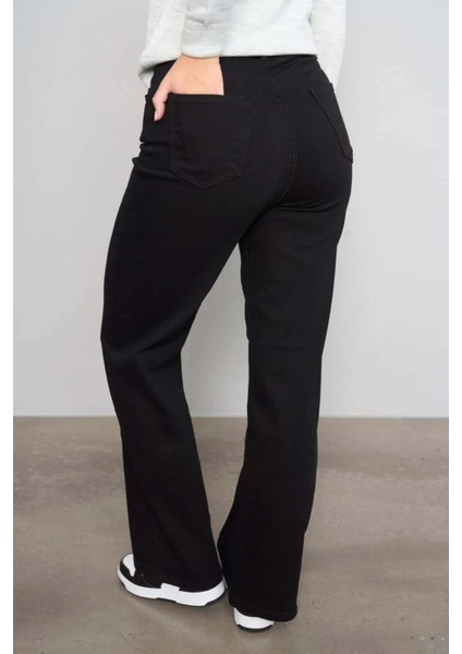 Yüksek Bel Kadın Palazzo Kot Pantolon – Siyah Esnek Denim Kumaş, Düz Bol Paça, Rahat Kalıp Modern Jean indirimleri