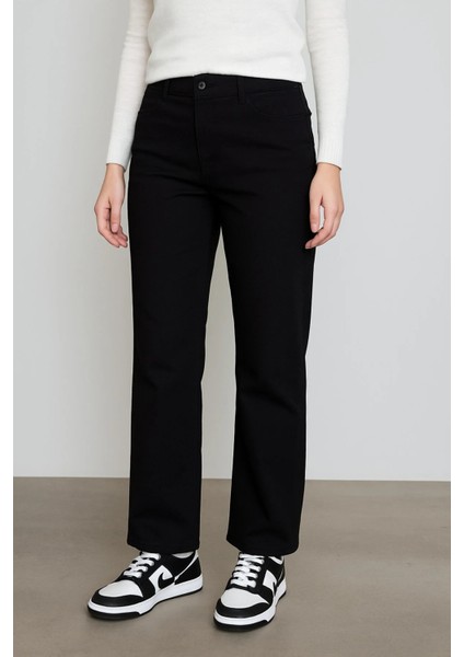 Yüksek Bel Kadın Palazzo Kot Pantolon – Siyah Esnek Denim Kumaş, Düz Bol Paça, Rahat Kalıp Modern Jean