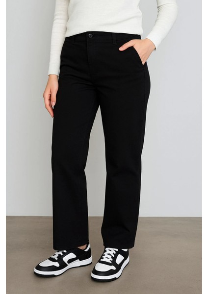 Yüksek Bel Kadın Palazzo Kot Pantolon – Siyah Esnek Denim Kumaş, Düz Bol Paça, Rahat Kalıp Modern Jean