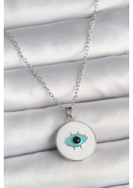 316L Çelik Gümüş Renk Zincir Beyaz Mineli Turkuaz Göz Işleme Model Kadın Kolye