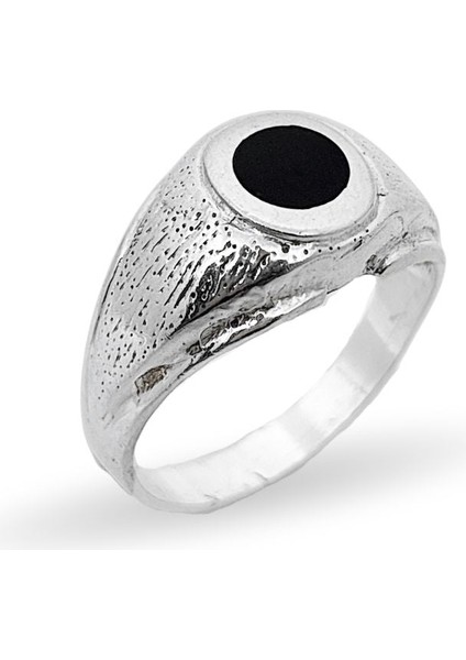 Kum Desenli Yuvarlak Siyah Mineli Retro Gümüş Erkek Yüzüğü