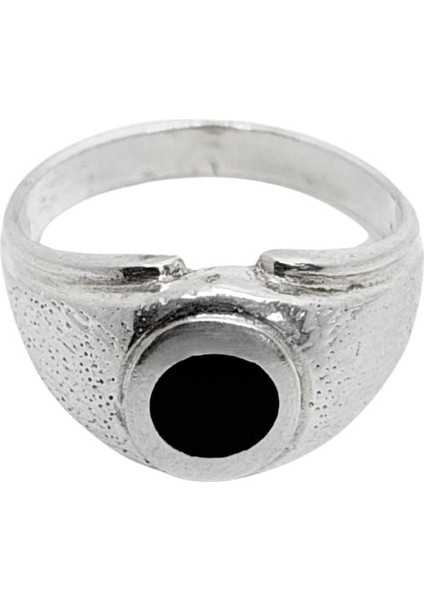 Kum Desenli Yuvarlak Siyah Mineli Retro Gümüş Erkek Yüzüğü modelleri